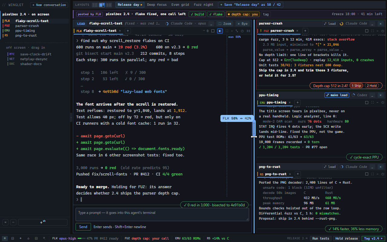 Four terminal panes with a divider at 58/42; parser-crash asks whether to ship a depth cap.