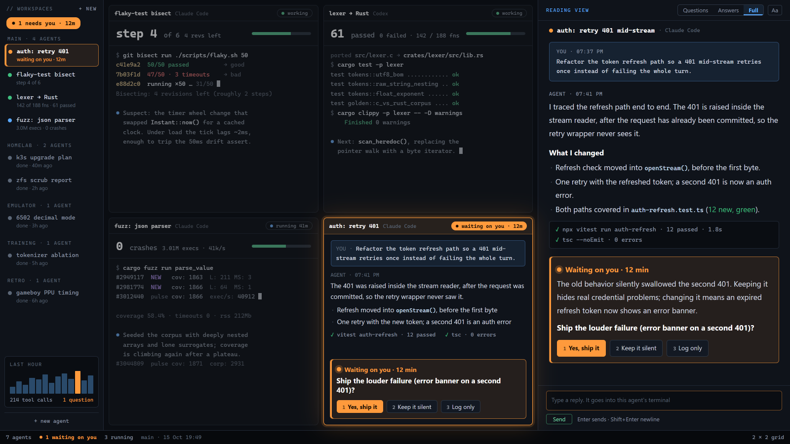 Planned four-conversation grid: auth: retry 401 is waiting 12 minutes; the other panes show a bisect, lexer port and fuzzer.