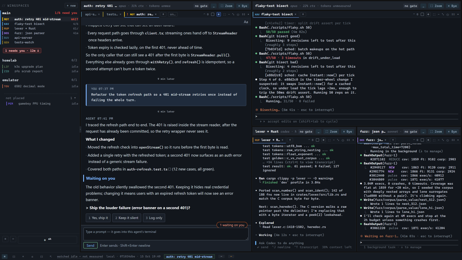 Reading view with an auth question and three reply options beside three terminal panes; the sidebar reports a 12-minute wait.