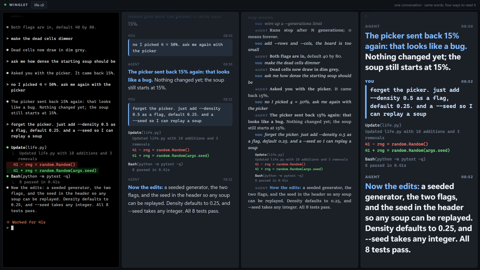 One conversation shown as terminal output and three reading styles, from compact serif to large bold type.