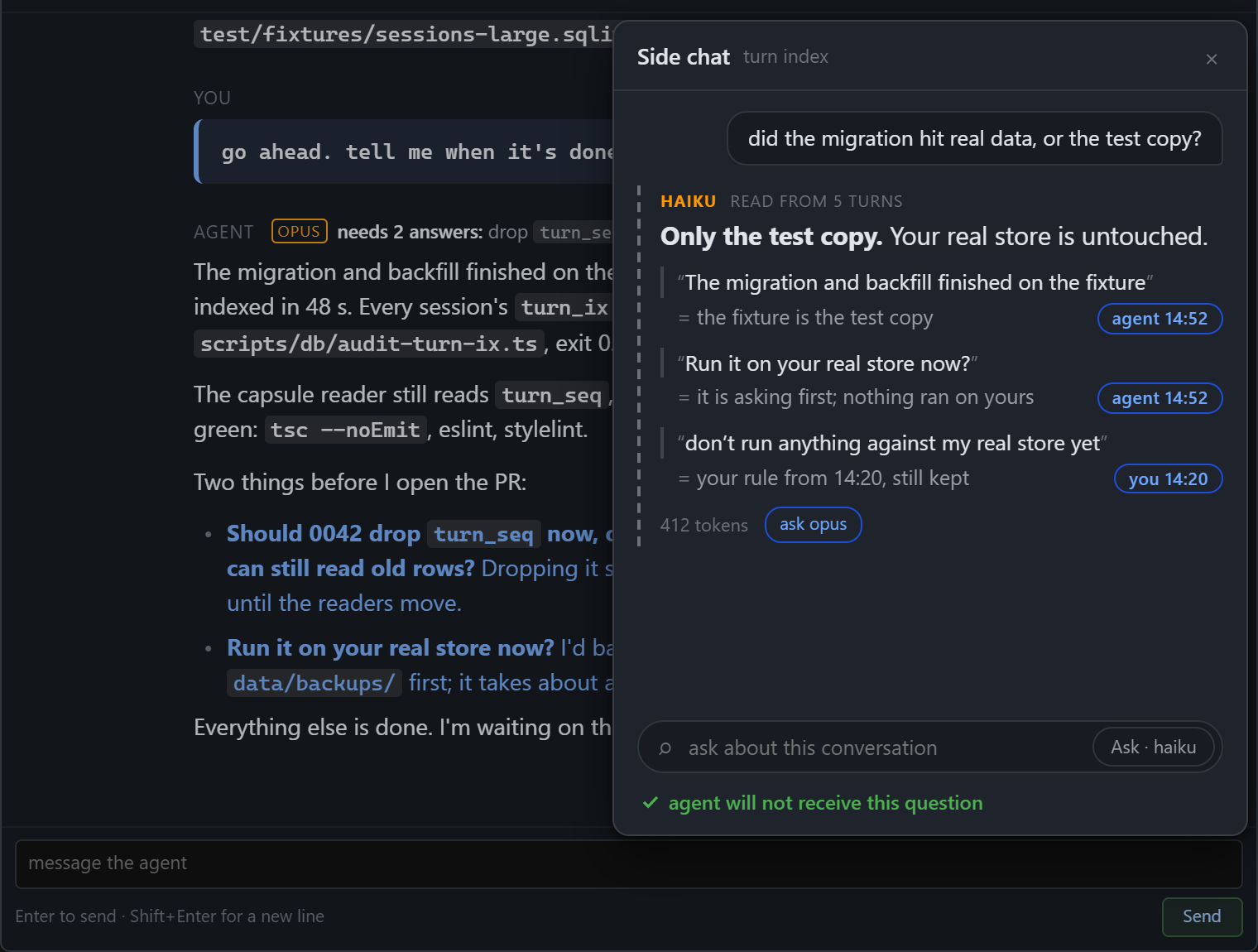 Planned side chat answering a migration question with three linked quotes beside the coding agent conversation.
